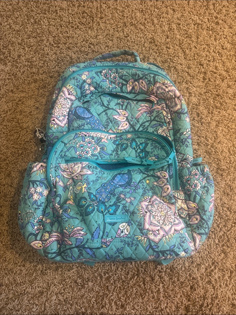 Vera Bradley Turquoise Floral Quilted Backpack with Birds